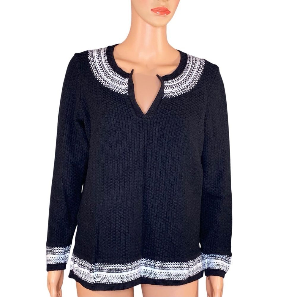 Ann Taylor Loft Split Neck Sweater Black White Knit Heavy Weight Cozy SZ SM